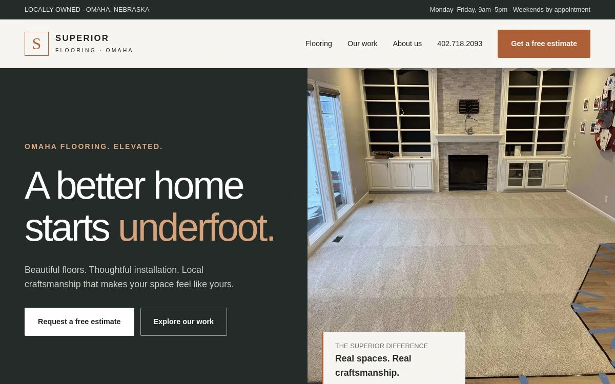 Redesigned Superior Flooring Omaha homepage